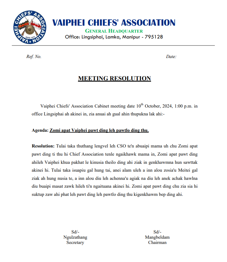 Vaiphei Chief Association Meeting Resolution 2024